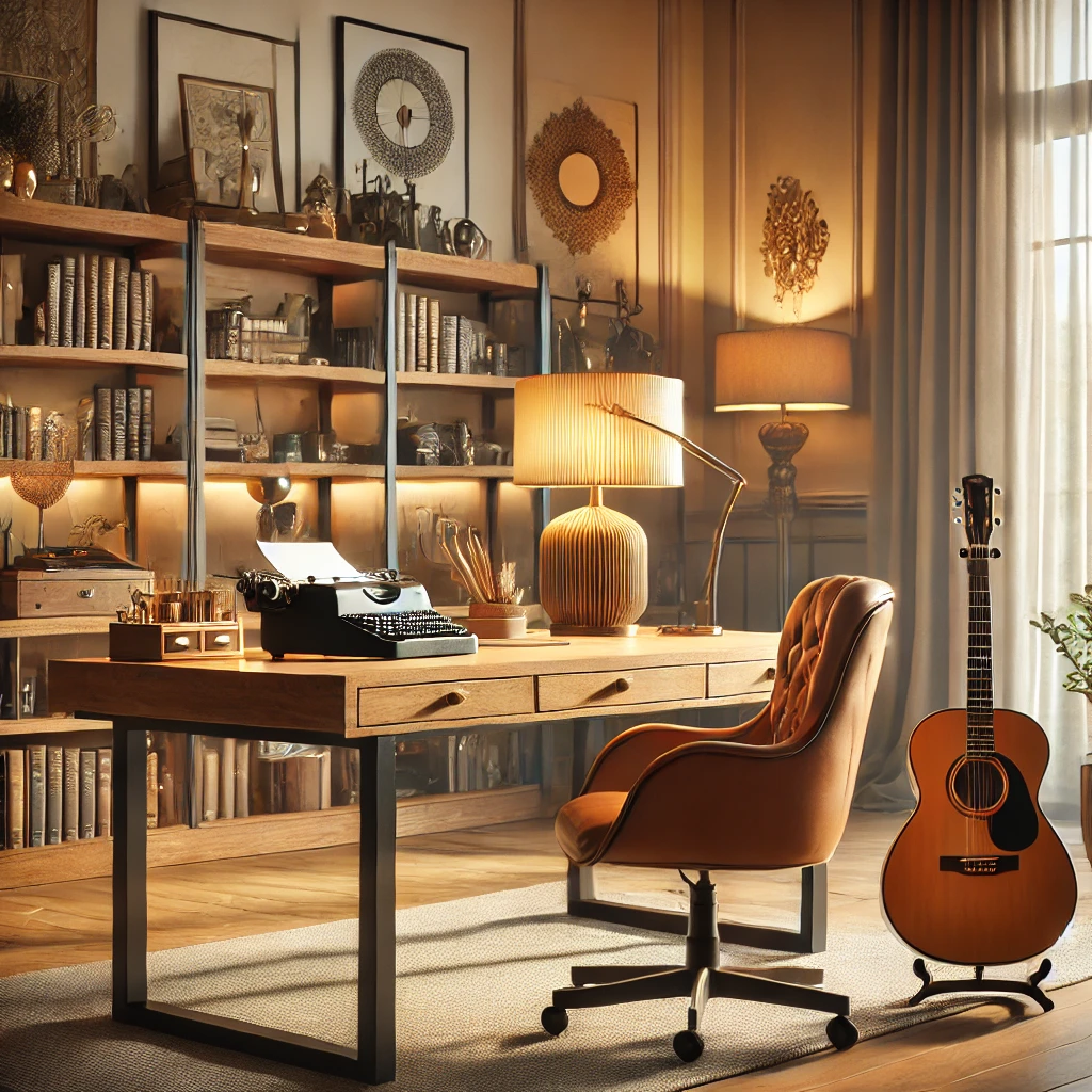 A luxurious home office with vintage and modern decor, featuring a wooden desk, a typewriter, and a guitar in the background, set in a peaceful atmosphere.
