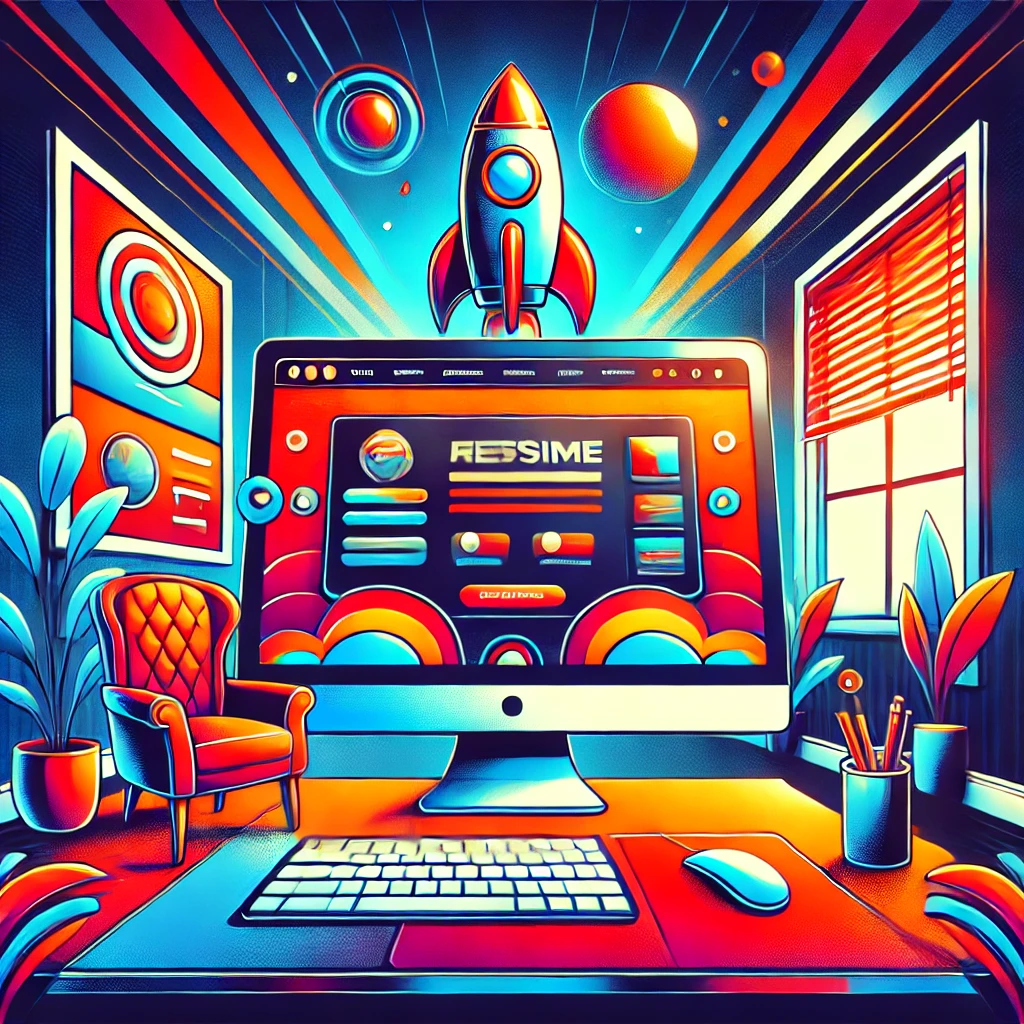 "A vibrant, bold image representing a sleek, modern website design with a home office background and a cartoon rocket, blending technology and creativity."