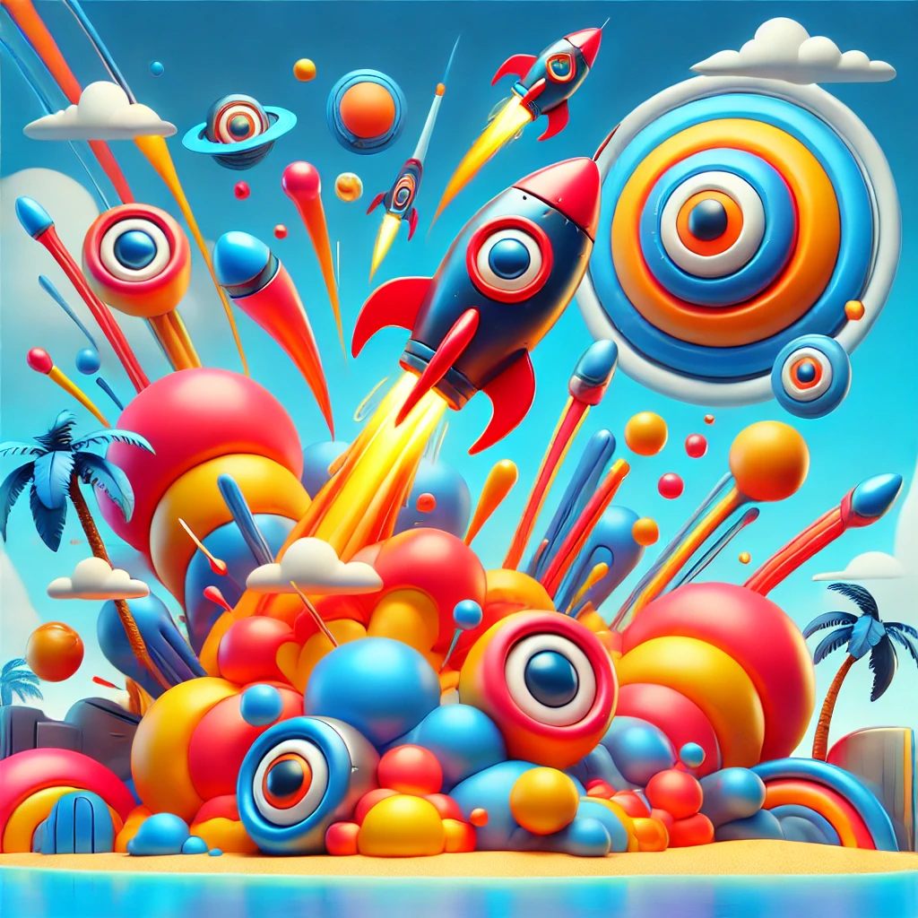 A colorful abstract and comedic scene showing a funny explosion with cartoon-style rocket parts scattered on a futuristic paradise island background.
