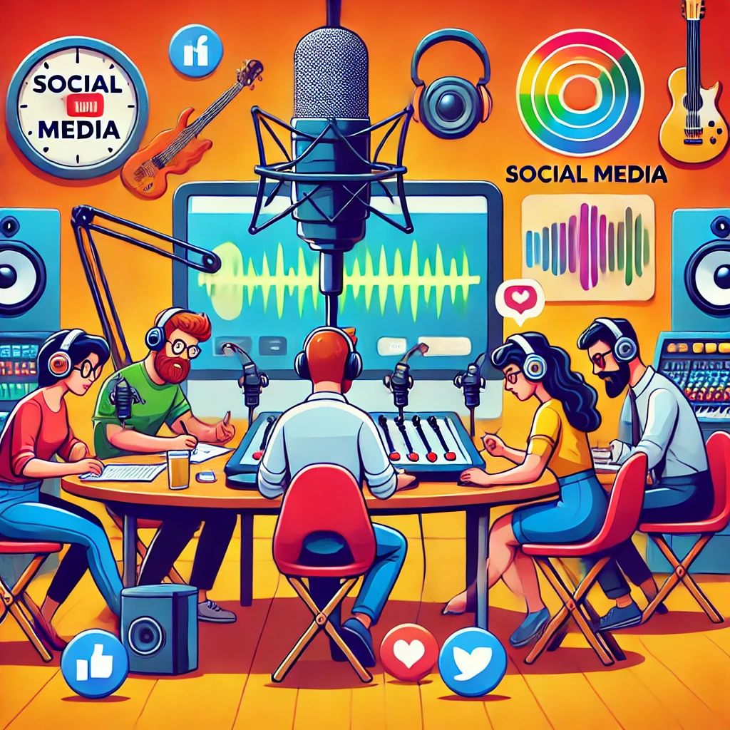 "Cartoon image of people working in a podcast studio, surrounded by musical instruments, reflecting the use of diverse platforms like social media for MLM."