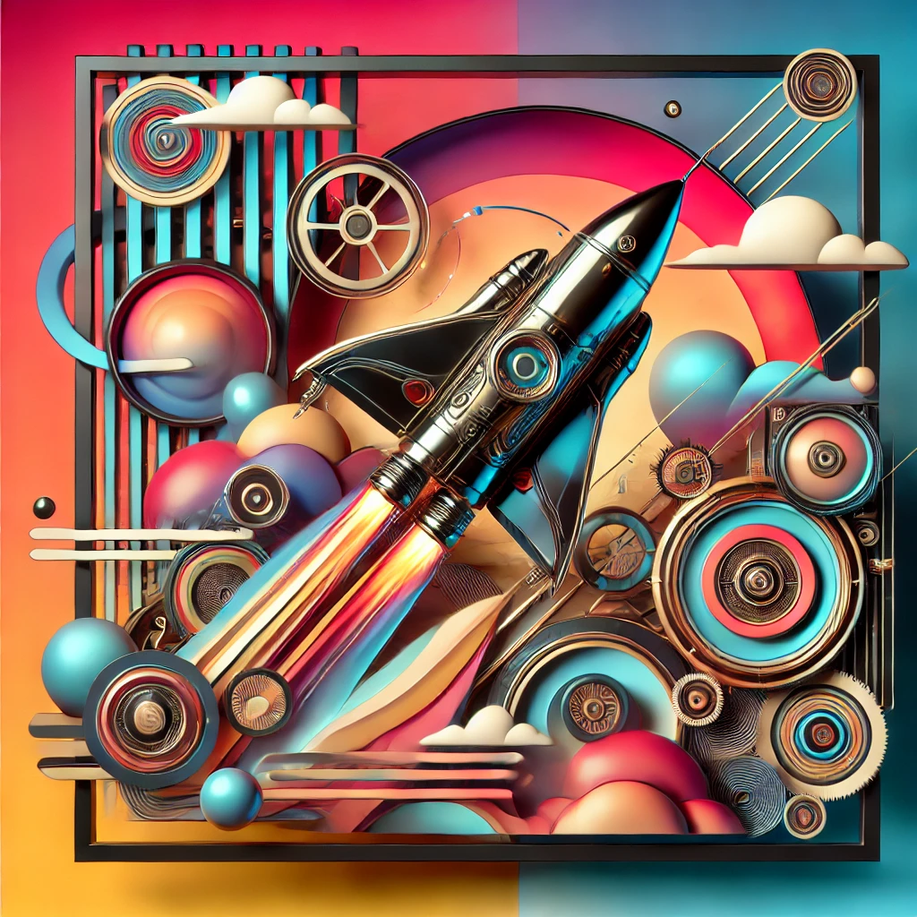 "Bold, steampunk and cyberpunk fusion with a vibrant cartoon rocket flying in a colorful space setting."