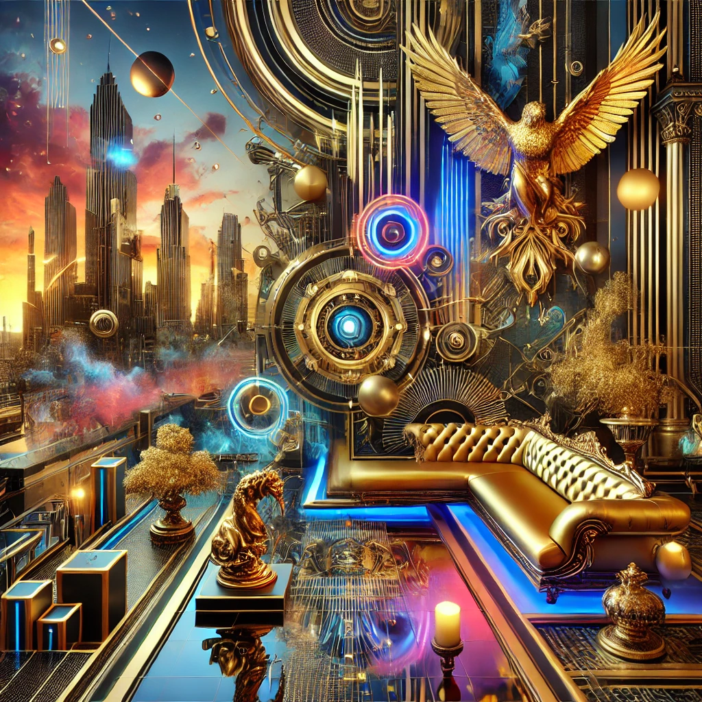 "Futuristic cityscape with neon lights and luxurious golden elements in the foreground, mixed with abstract and steampunk machinery."