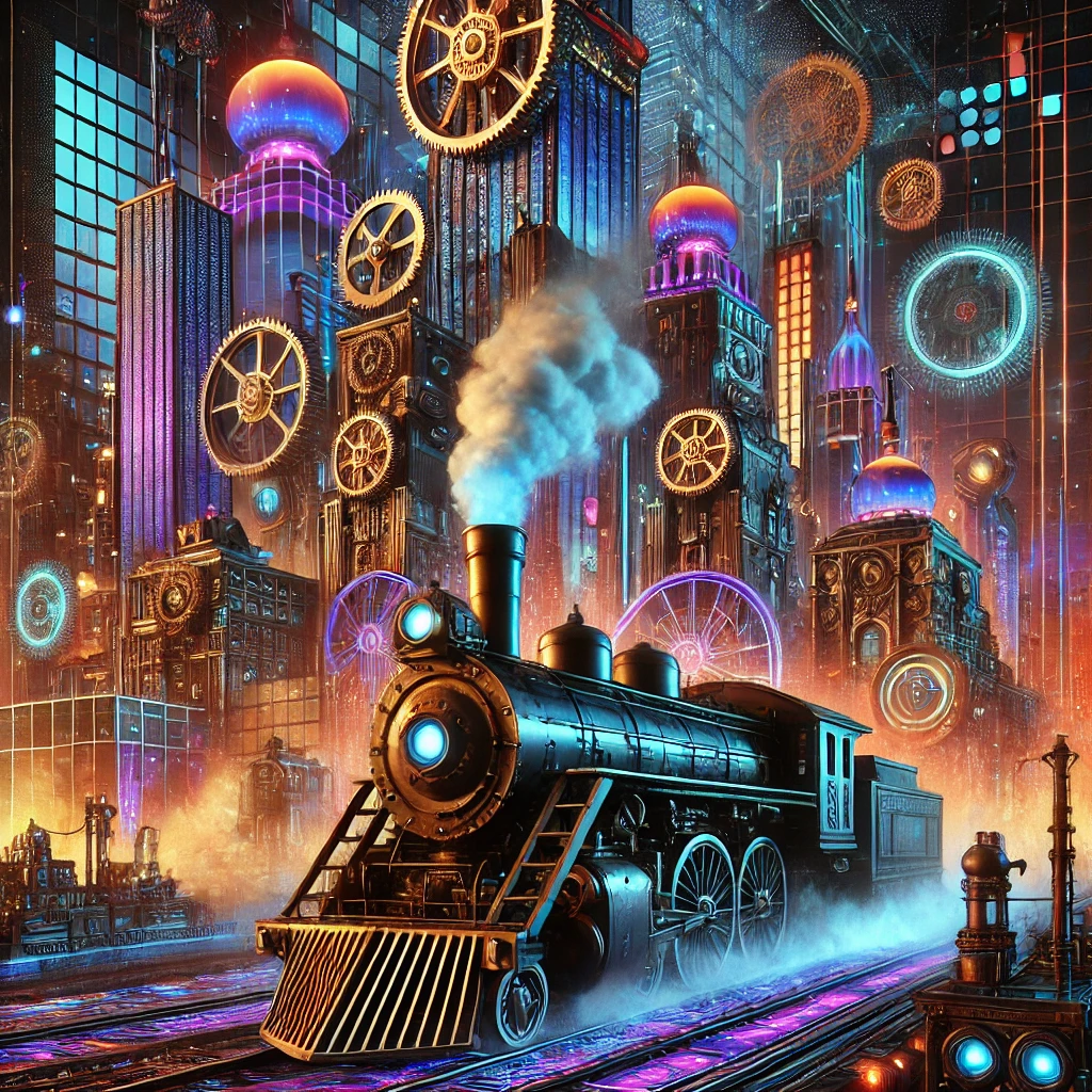 A futuristic cityscape blending cyberpunk and steampunk aesthetics, with towering buildings, neon lights, and steam-powered machines creating a bold, industrial atmosphere.