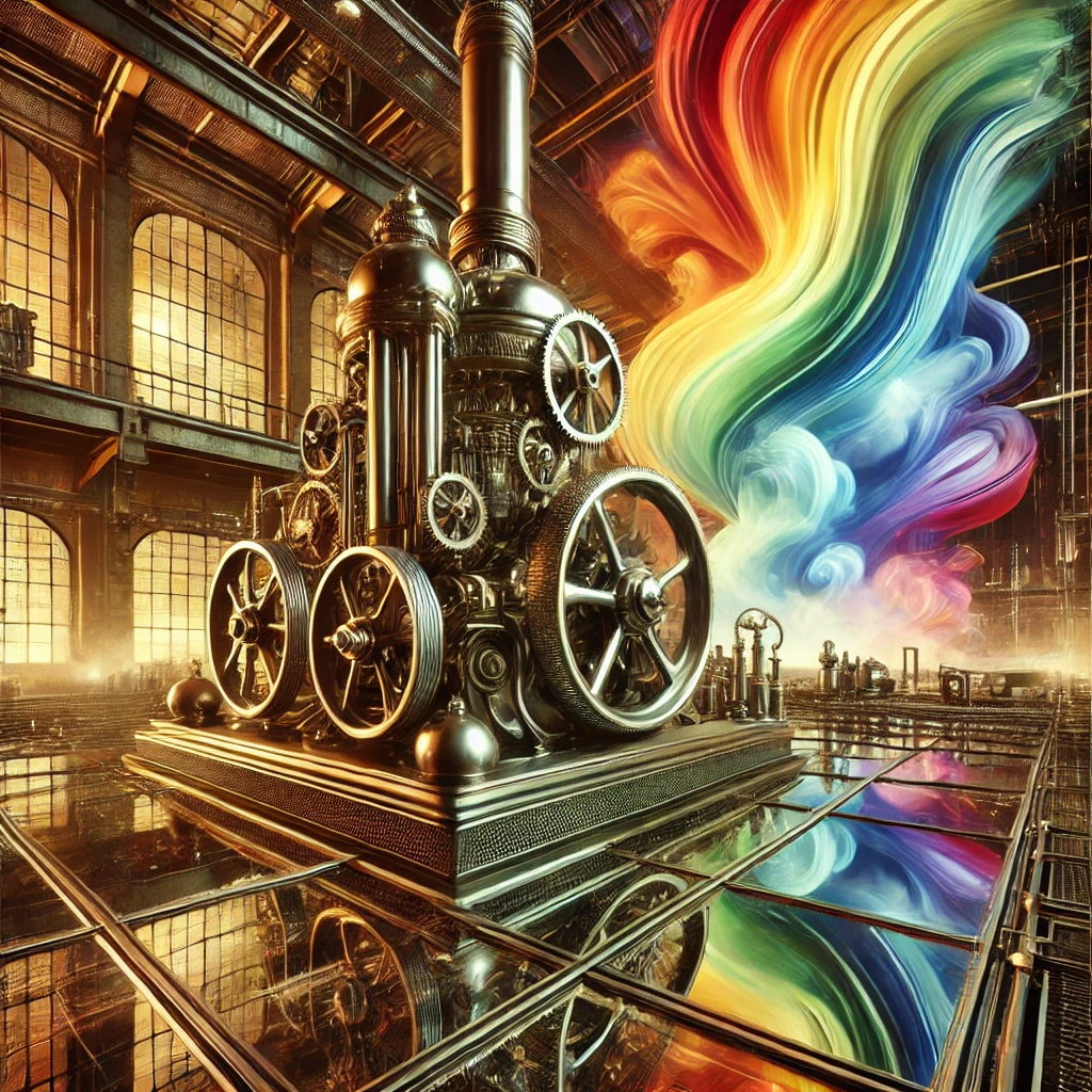 "A surreal scene featuring a polished steam machine on a futuristic factory floor with vibrant colors and a semi-transparent industrial background."