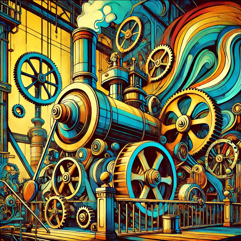 A steampunk factory scene with vibrant colors and large machinery, gears, and pipes.