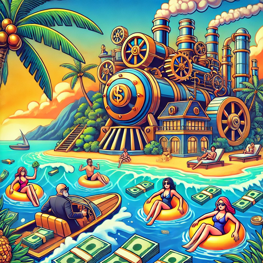"Steampunk-style scene on a paradise island with people swimming in money and a large steam machine in the background."