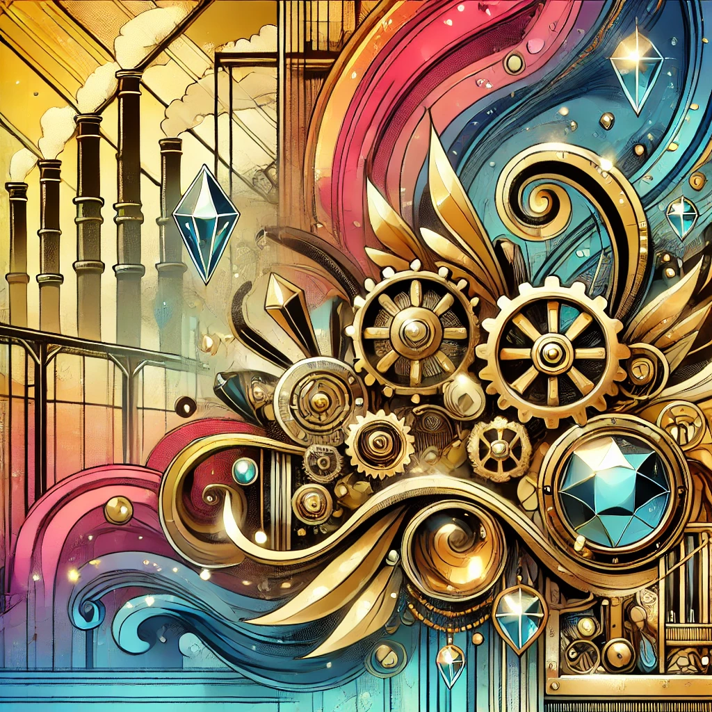 "A vibrant steampunk scene with lavish gold machinery and glowing gems set in a futuristic factory."