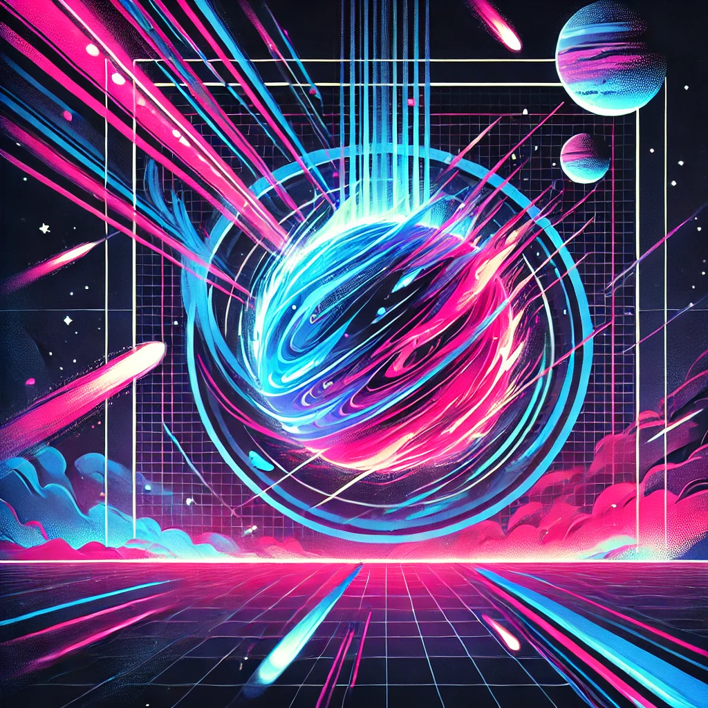 A vibrant cyberpunk explosion in space with neon blues, pinks, and purples against a backdrop of distant stars and planets.