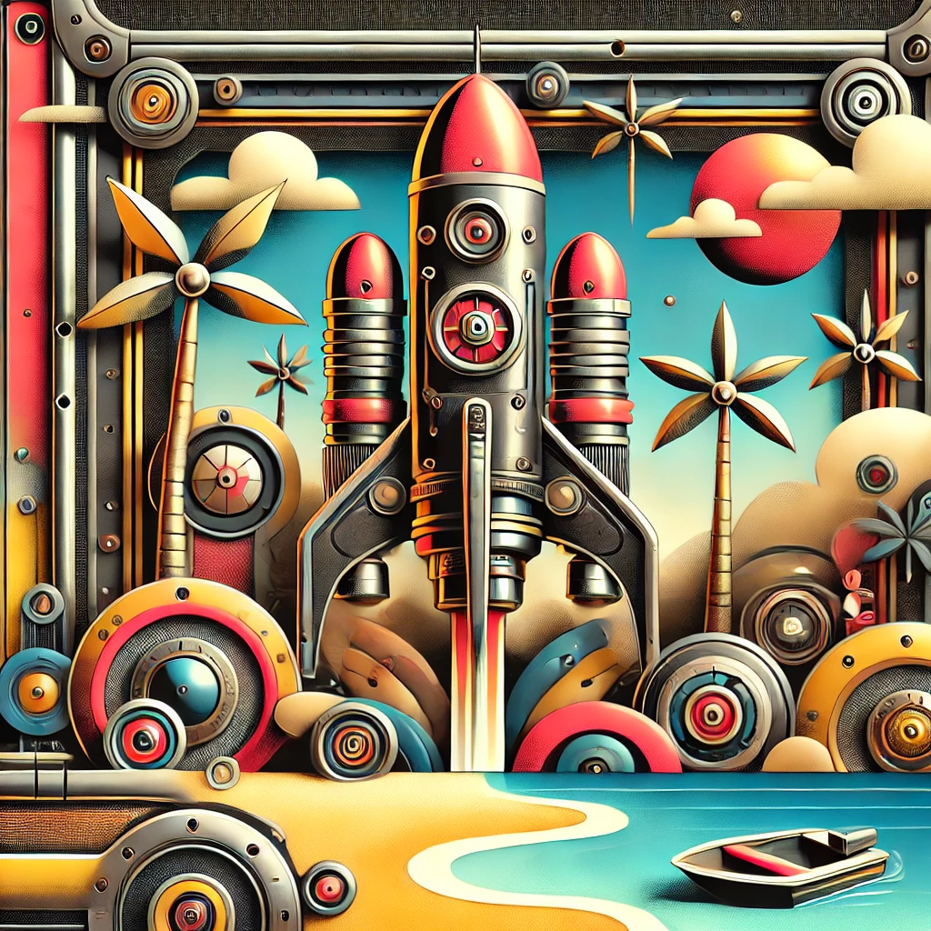 Steampunk abstract artwork on a Paradise Island with a cartoon rocket in the background.