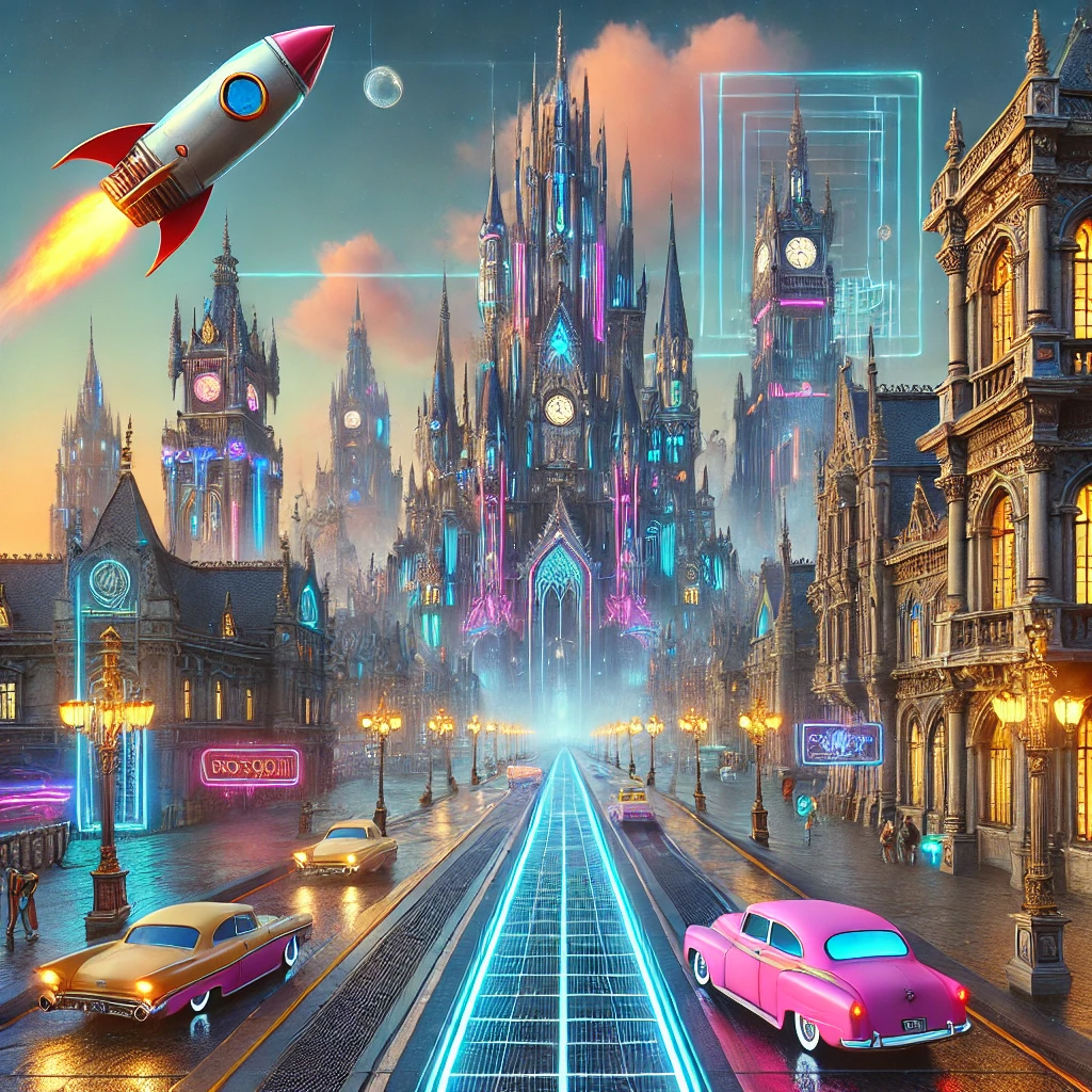 A surreal scene blending cyberpunk and medieval kingdom styles, featuring a futuristic neon-lit street with floating vehicles and an opulent castle in the background.