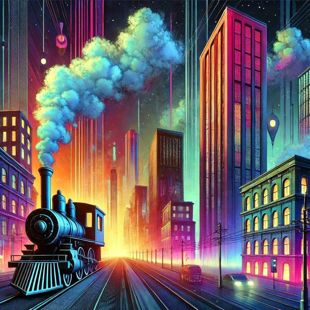 "Surreal cyberpunk city at night with neon lights, skyscrapers, a steam engine, and floating musical instruments."