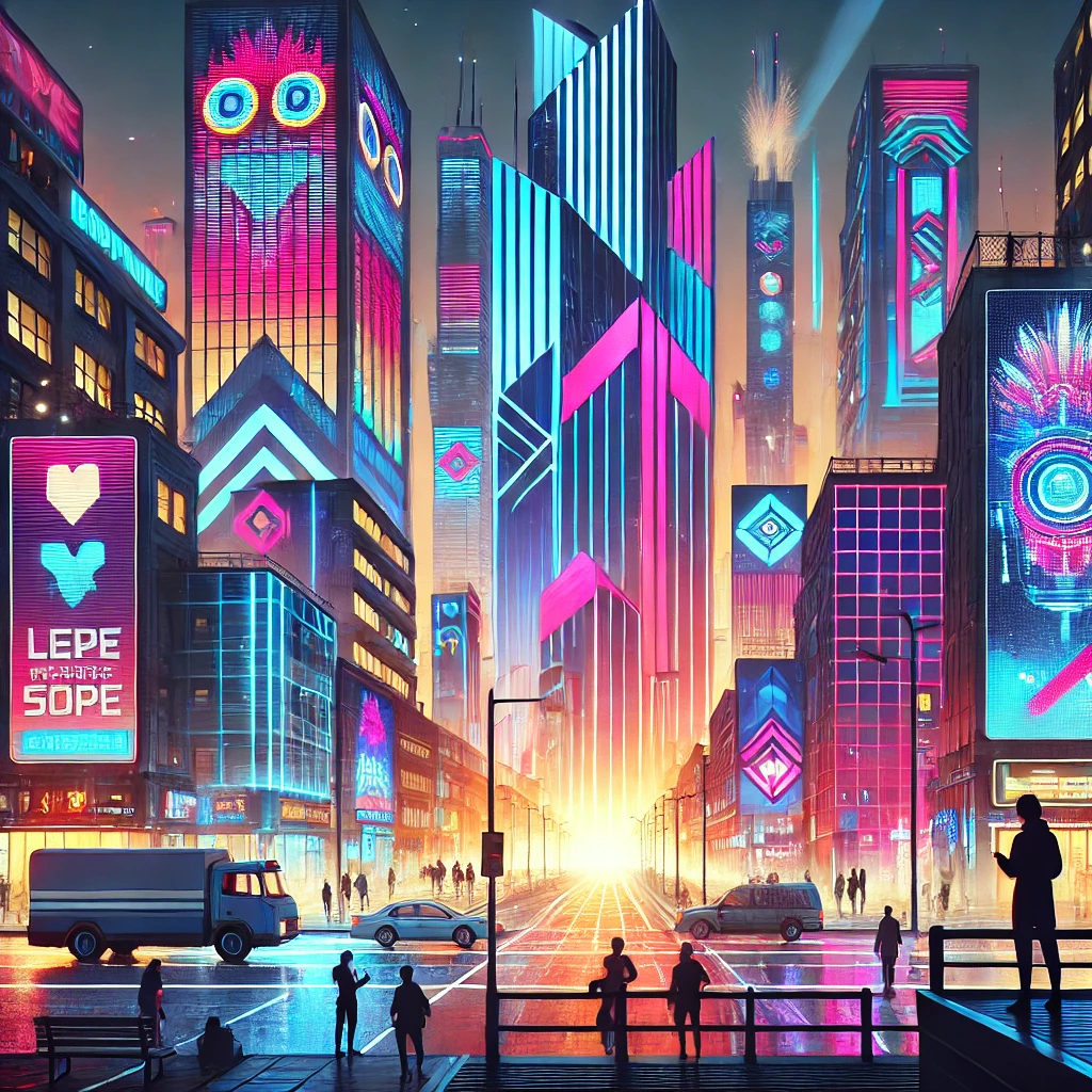 "Cyberpunk cityscape with vibrant neon lights, featuring futuristic skyscrapers, people walking, and a humorous cartoon explosion in the distance."