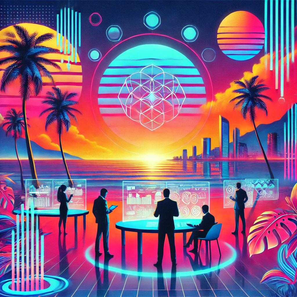 A cyberpunk-inspired tropical paradise island with bold neon colors, featuring people working on advanced holographic interfaces under a glowing sunset sky.