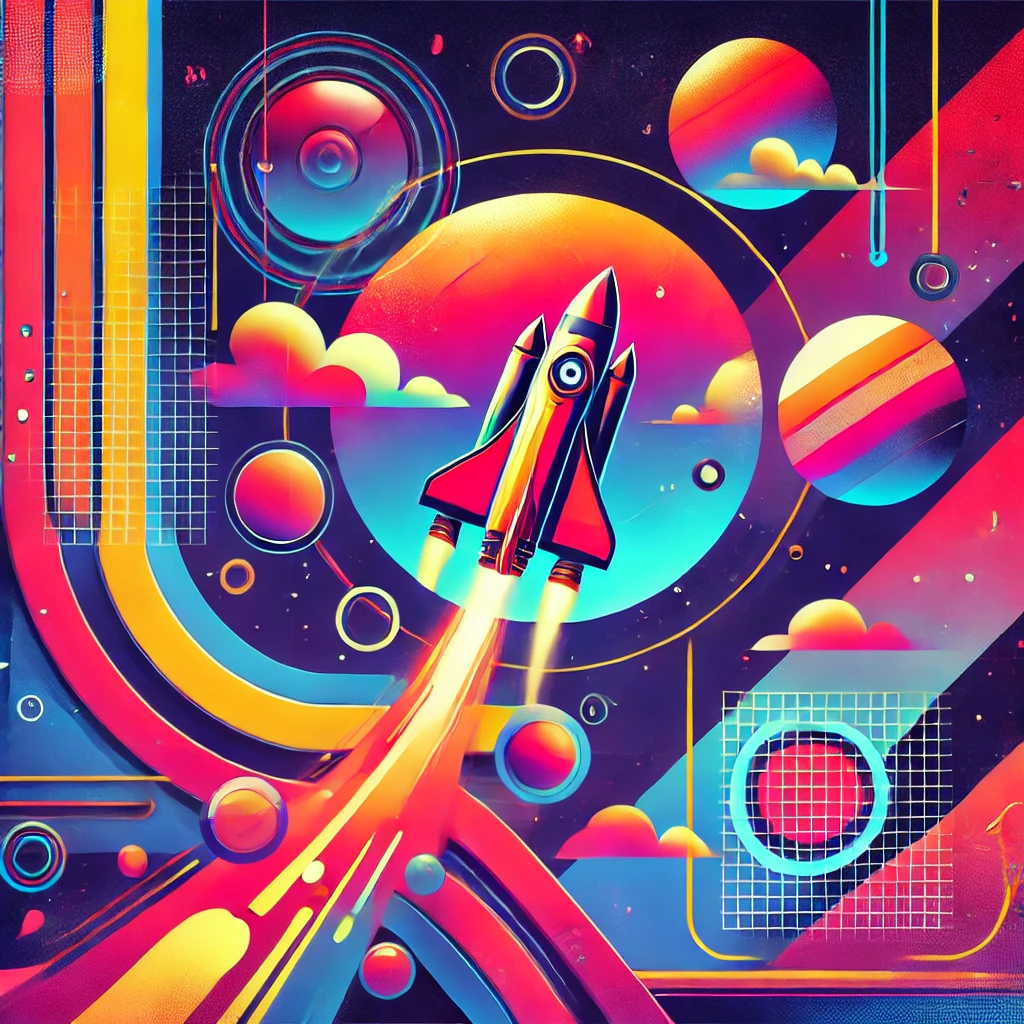 A vibrant cyberpunk space scene with a cartoon-style rocket flying through a futuristic, colorful abstract environment.