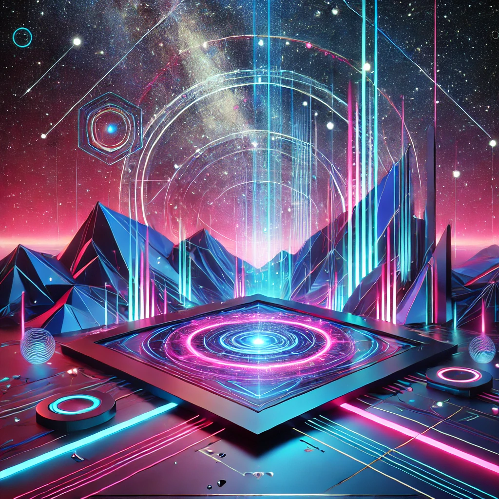 Futuristic cyberpunk-themed scene with neon lights and vibrant abstract space background.