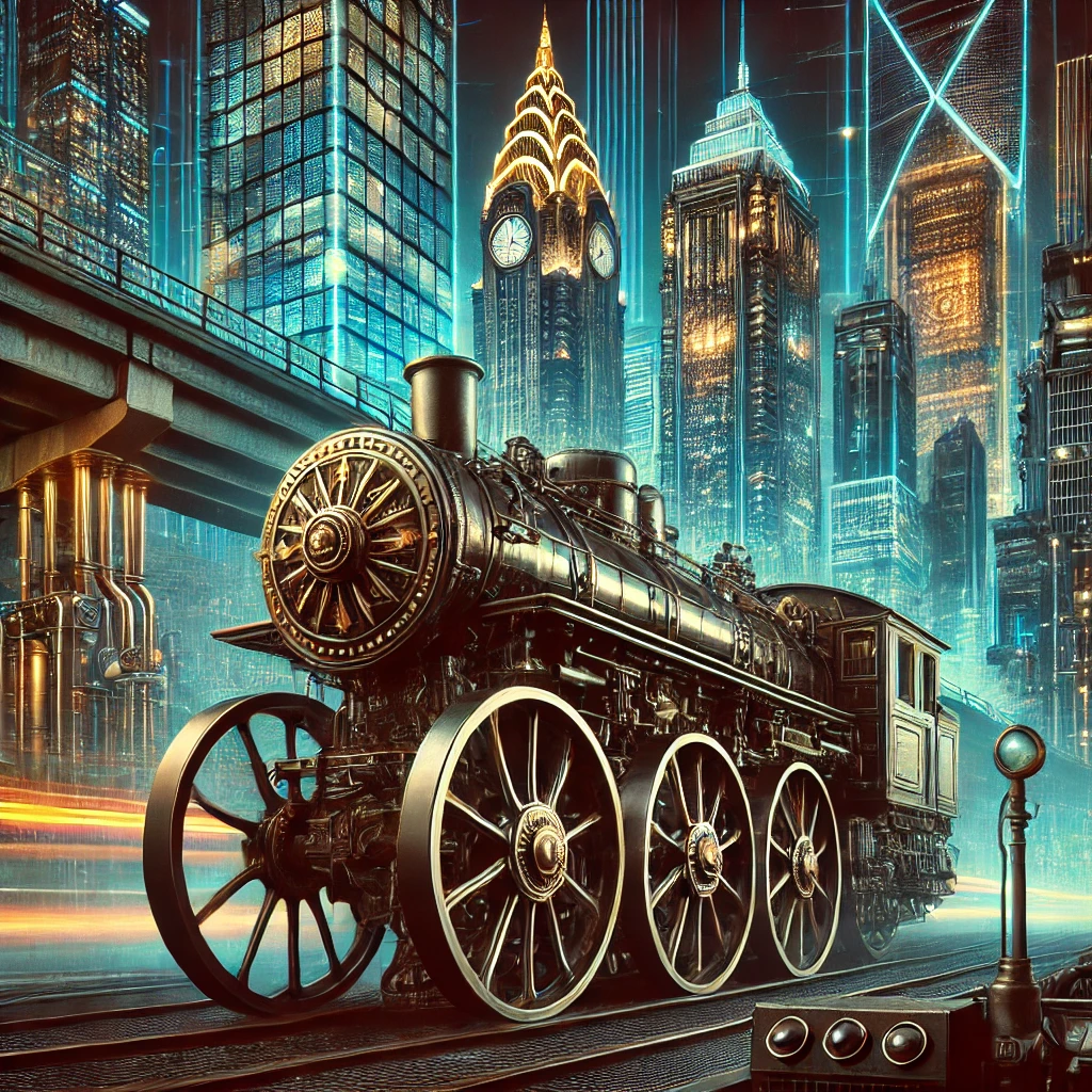 "Futuristic cityscape with neon-lit buildings and a vintage steam engine in the foreground."