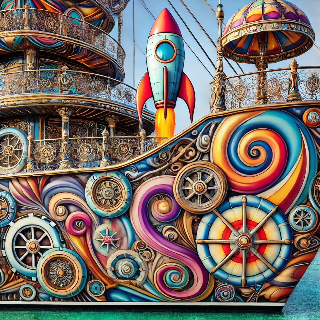 "Steampunk-inspired yacht with bold colors and a cartoon-style rocket in the background."