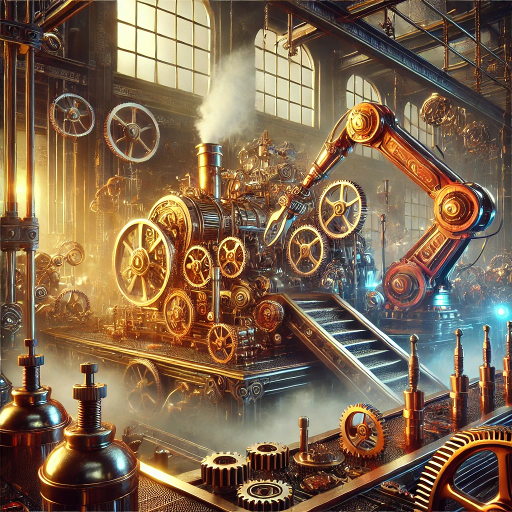 "Steampunk factory scene with intricate machinery, steam engine, and mechanical arms working in an industrial setting."
