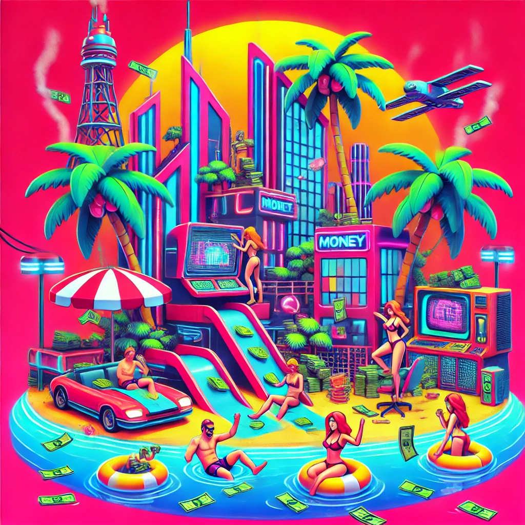 A vibrant and bold cyberpunk scene on a paradise island, with people swimming in money, palm trees, and futuristic elements in a playful and exaggerated cartoon style.