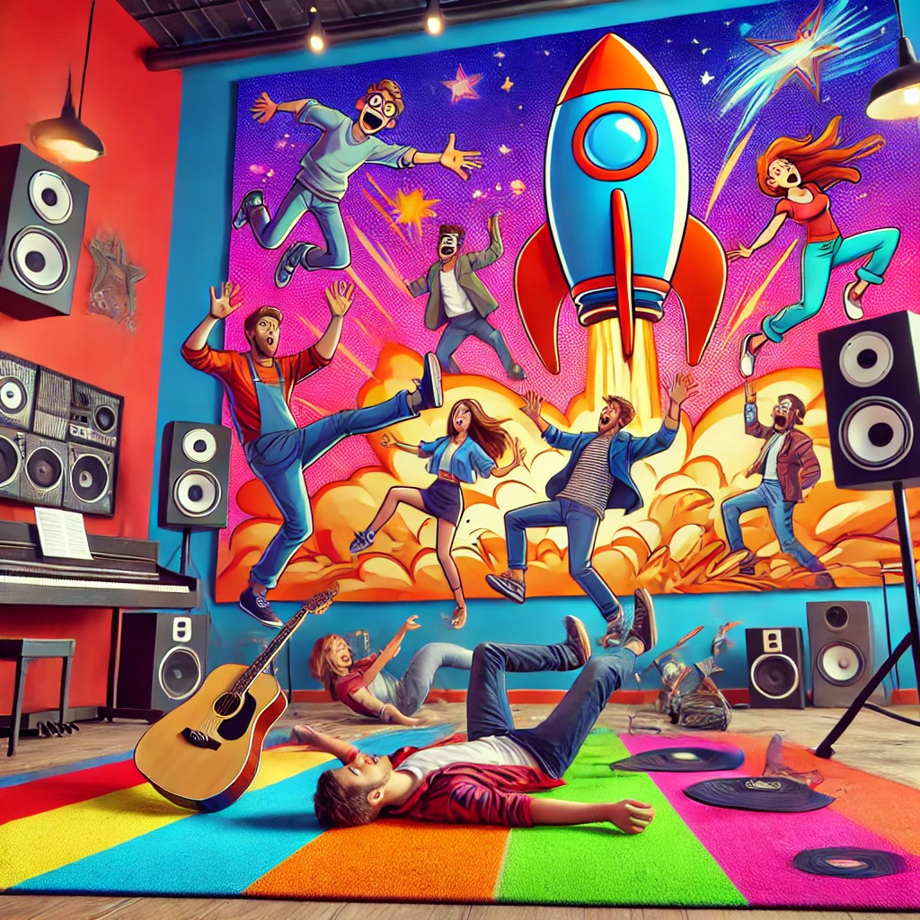 "A humorous slapstick accident scene in a vibrant music studio with a cartoon rocket in the background."