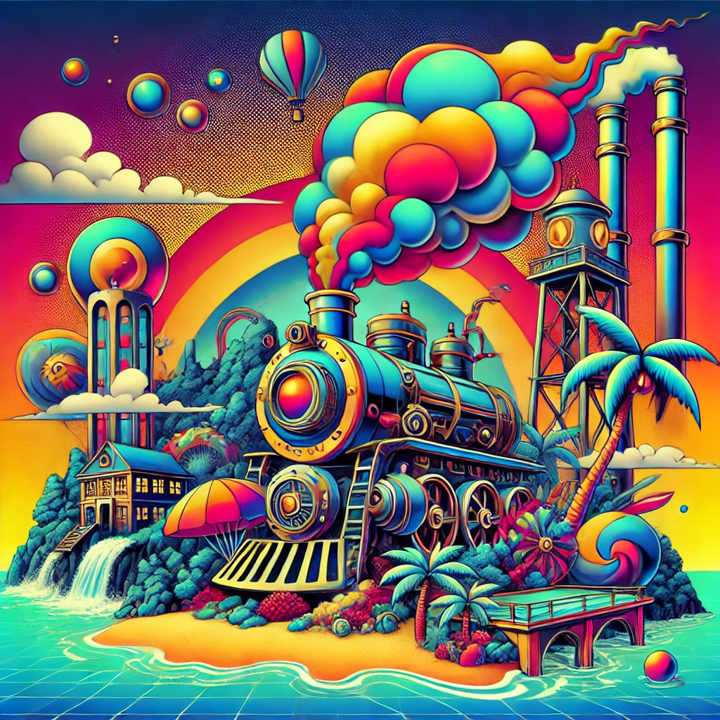 "Cyberpunk and steampunk paradise island with a steam machine and comedic explosion in the background."