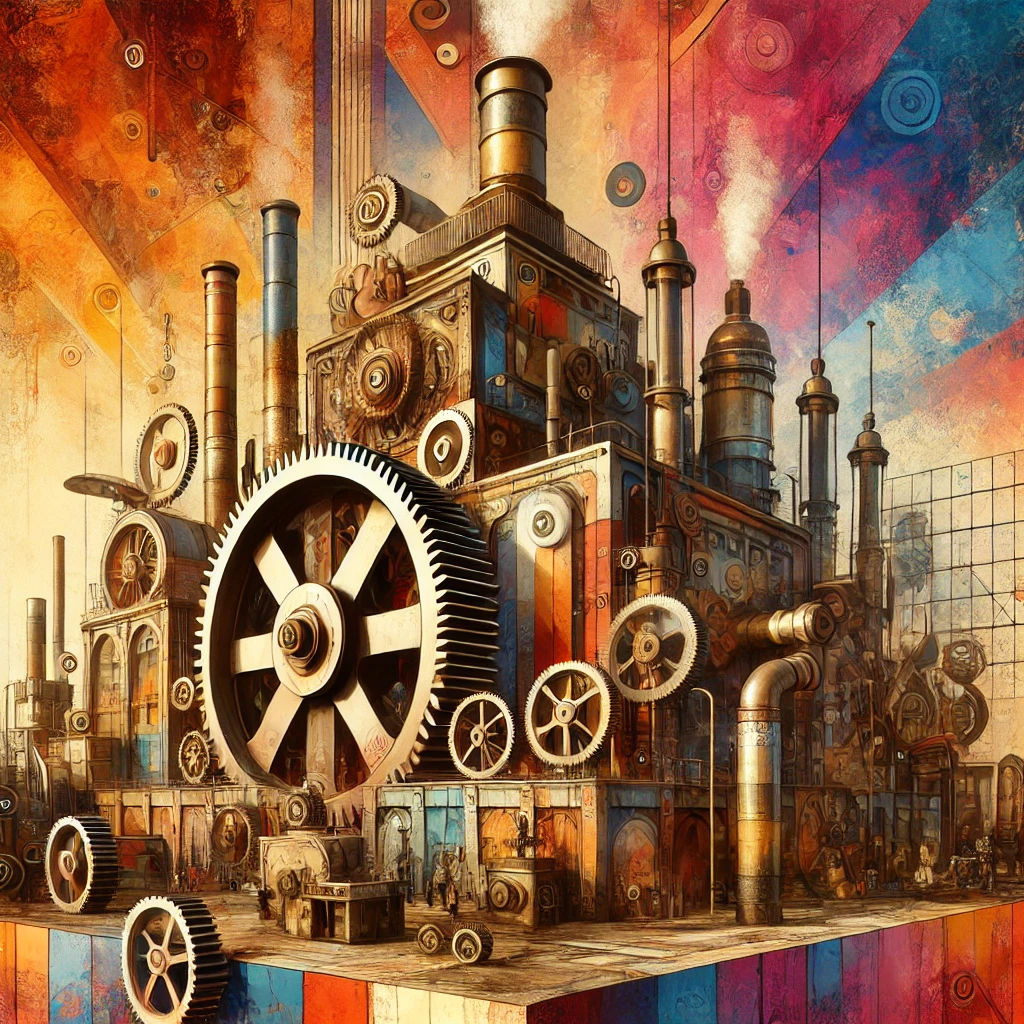 A steampunk-inspired abstract factory scene with vibrant colors and vintage aesthetics, featuring a large steam machine in the background.