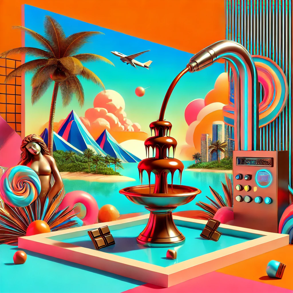 A whimsical scene blending cyberpunk and lavishness, featuring a paradise island with a large, out-of-place chocolate fountain and a funny explosion in the distance.