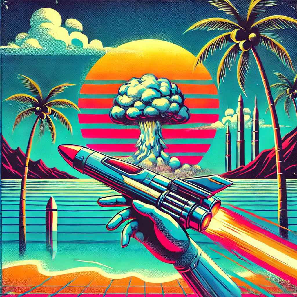 A cyberpunk-themed abstract image with bold and vibrant colors, featuring a vintage look set on a Paradise Island background. The image includes an explosion and a rocket in the background.