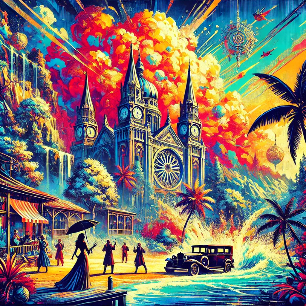 A vibrant, bold-colored scene of a medieval kingdom on a lush Paradise Island, featuring an explosion near an opulent castle with people caught in the chaos.