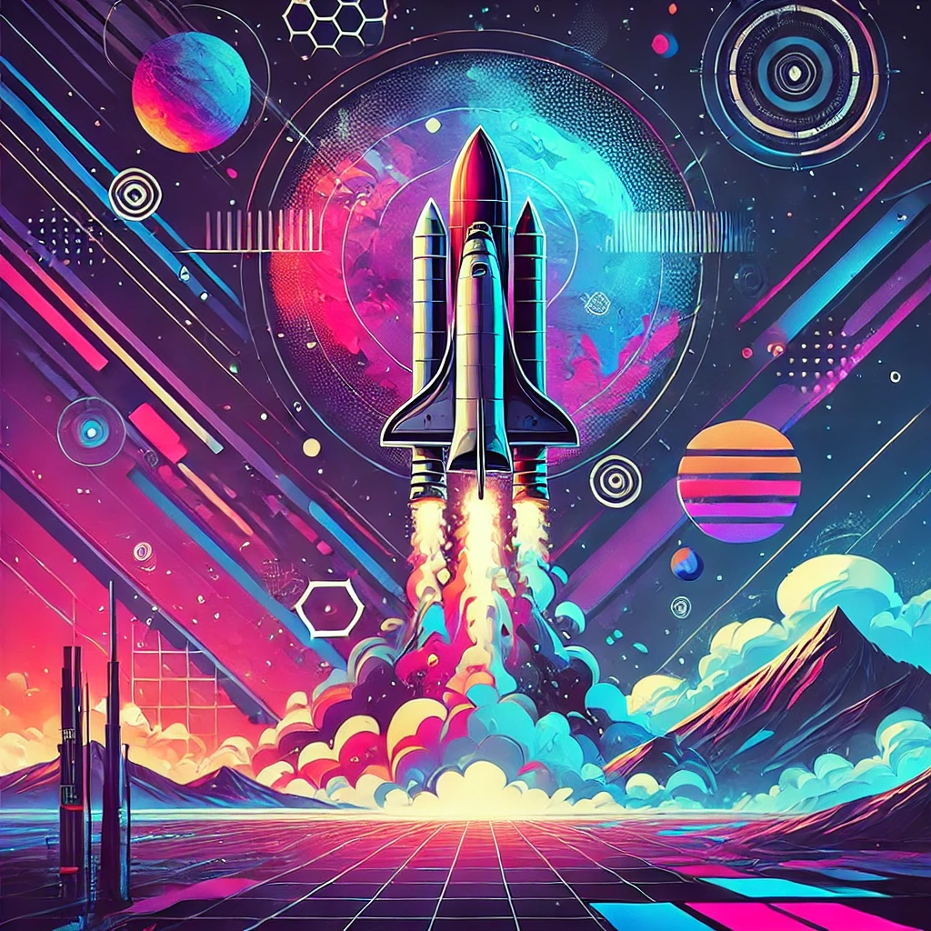 Cyberpunk-themed abstract image with bold and vibrant colors featuring a rocket in a space background.