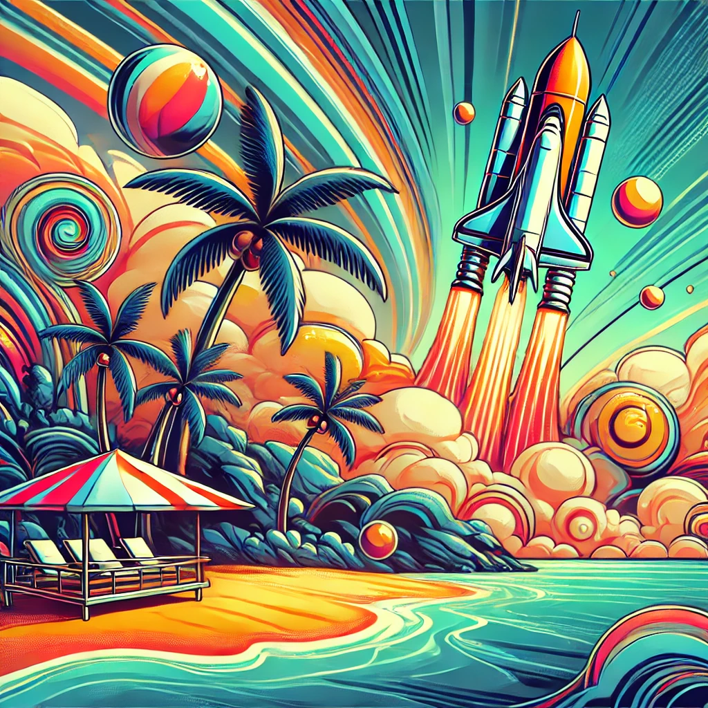 A vibrant, high-resolution image of a paradise island with a comedic modern look, featuring a cartoon-style rocket in the background and a small explosion near the edge of the island.