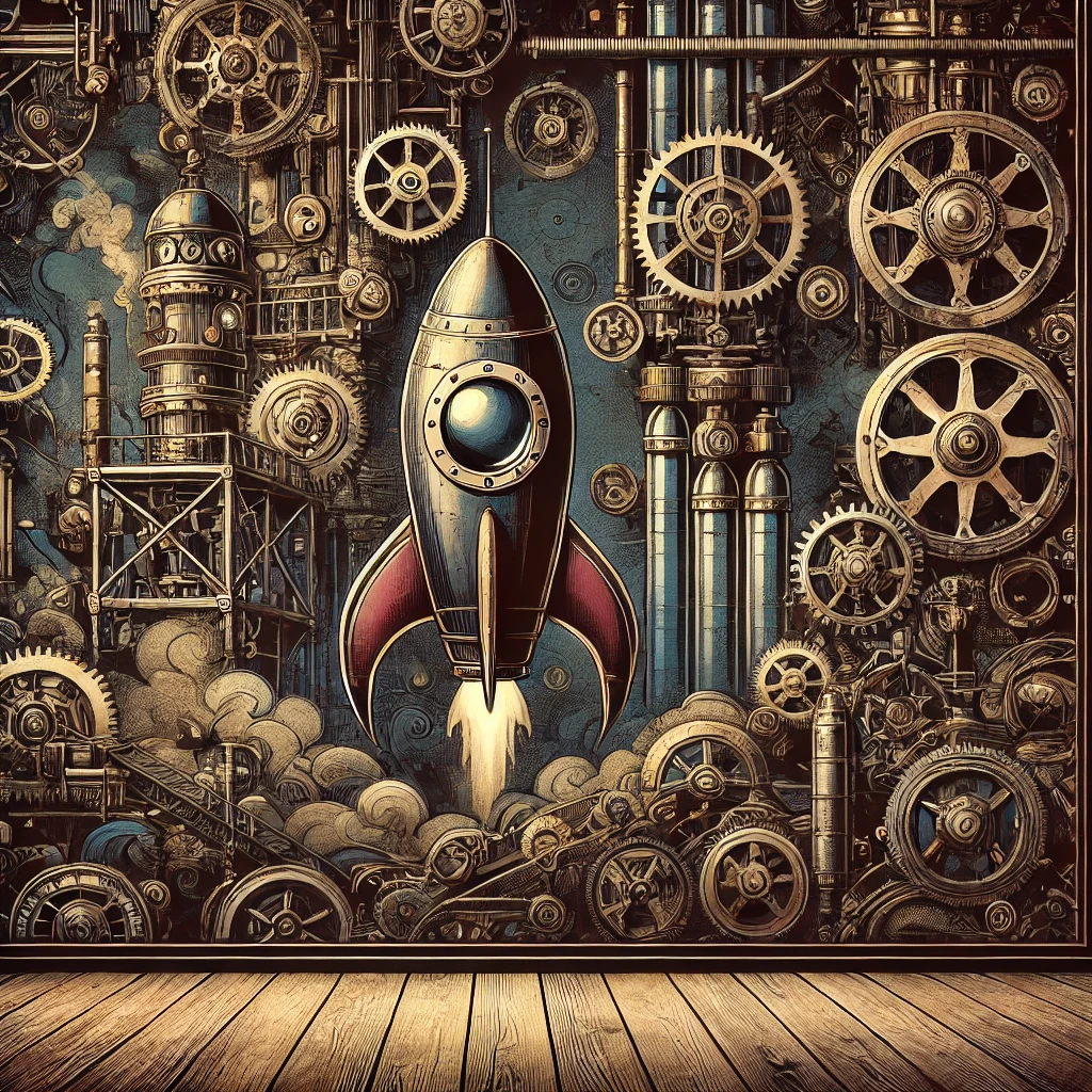 Steampunk-themed factory scene with a cartoon-style rocket in the background, featuring dark and strong colors with industrial machinery.