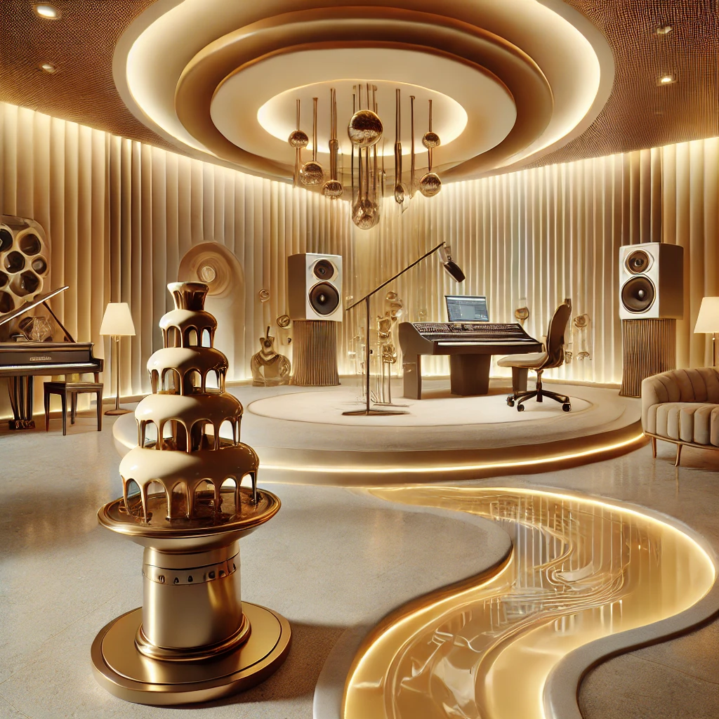 A modern-looking music studio with an abstract and opulent style, featuring high-end musical equipment and a completely out-of-place chocolate fountain in the background.
