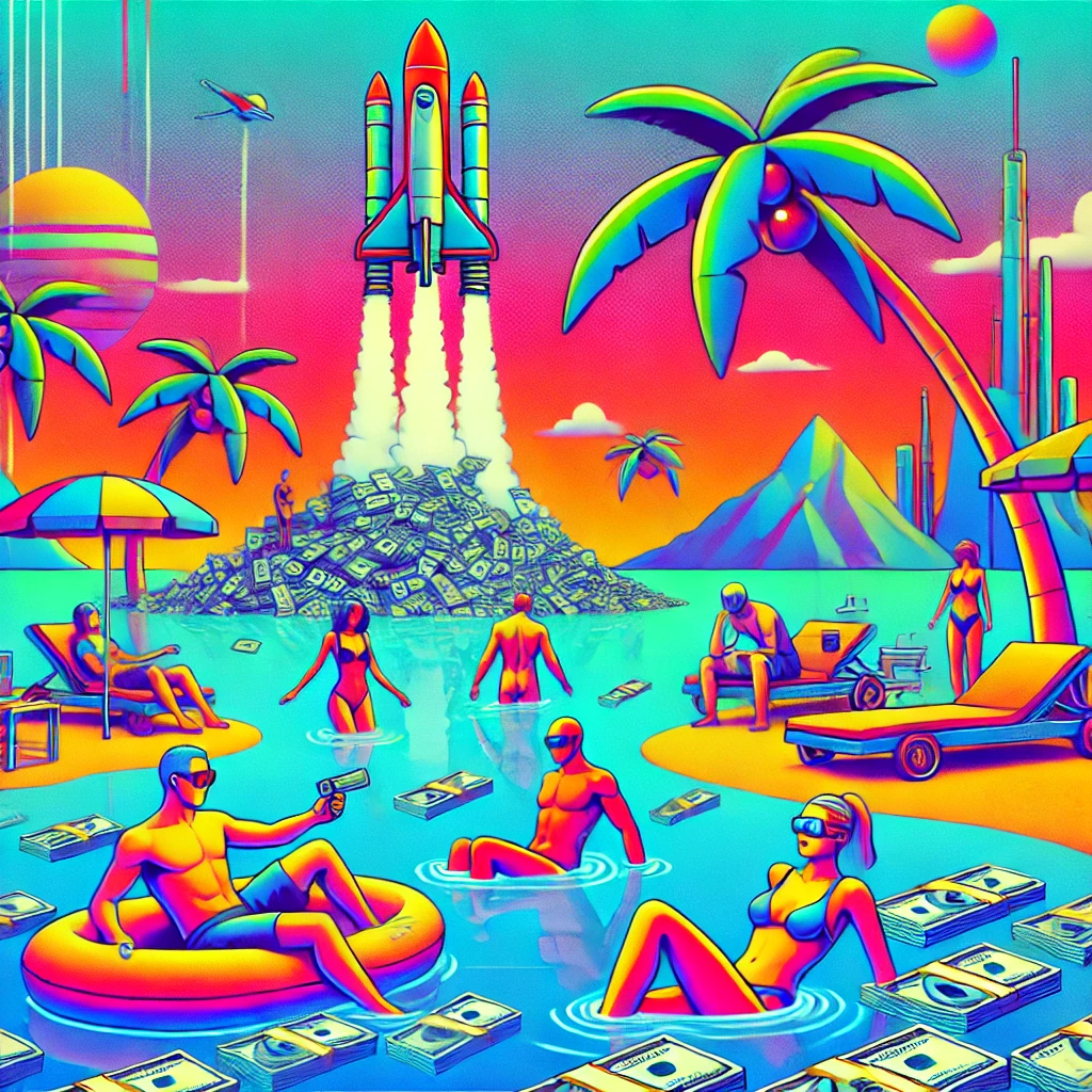 Cyberpunk leisure scene with people swimming in money on a paradise island, with a cartoon-style rocket in the background.