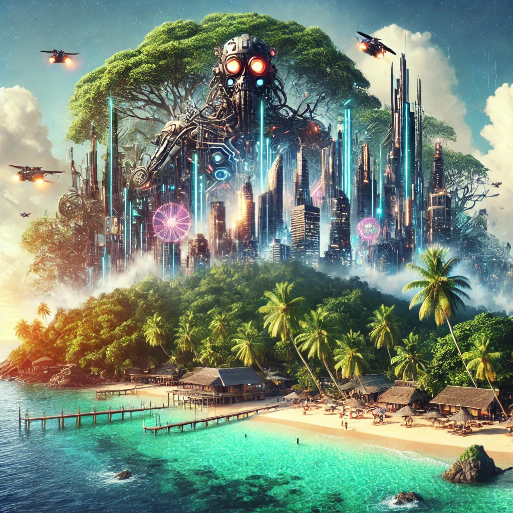 A surreal blend of a tropical paradise island with a futuristic cyberpunk city in the distance, featuring a beach, palm trees, neon-lit skyscrapers, and a steampunk machine in the background.