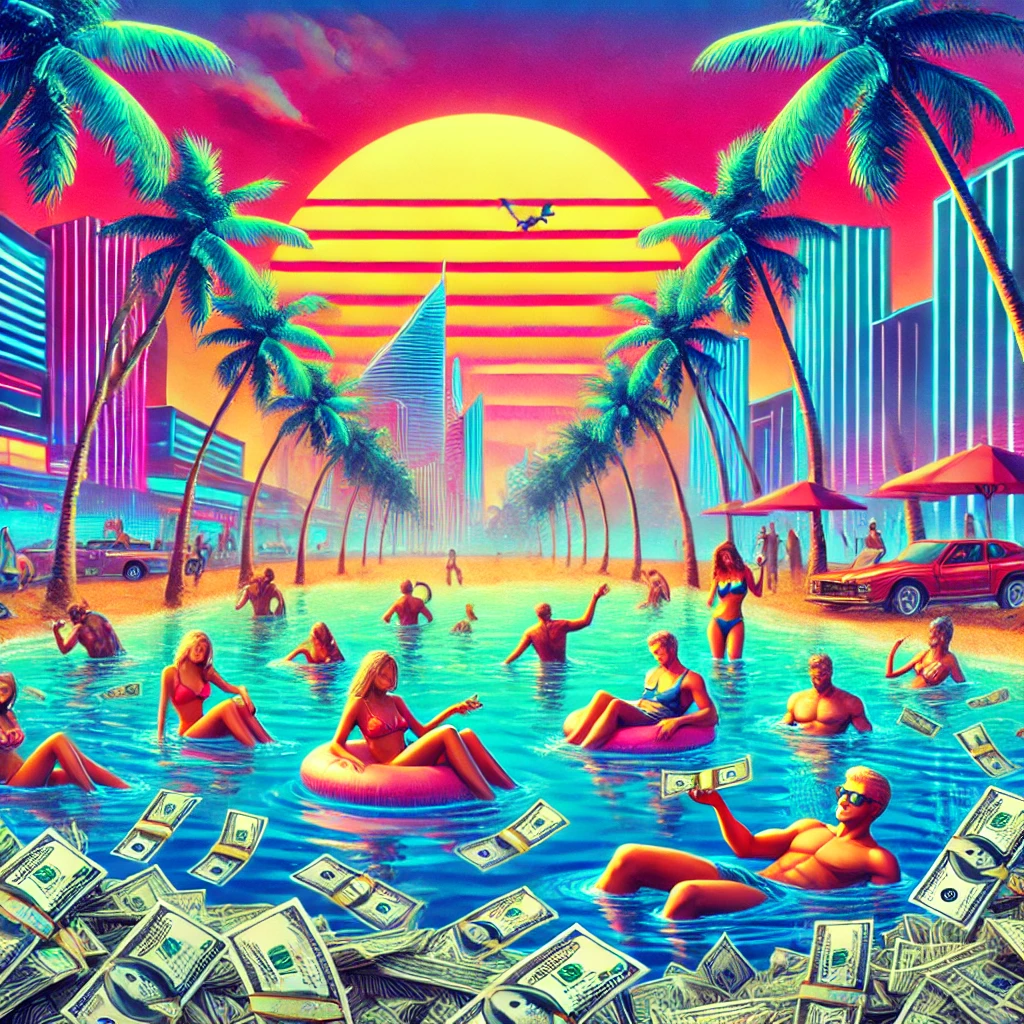 A surreal cyberpunk-themed image with vibrant colors featuring people swimming in piles of money on a tropical paradise island backdrop, blending modern and comedic elements.
