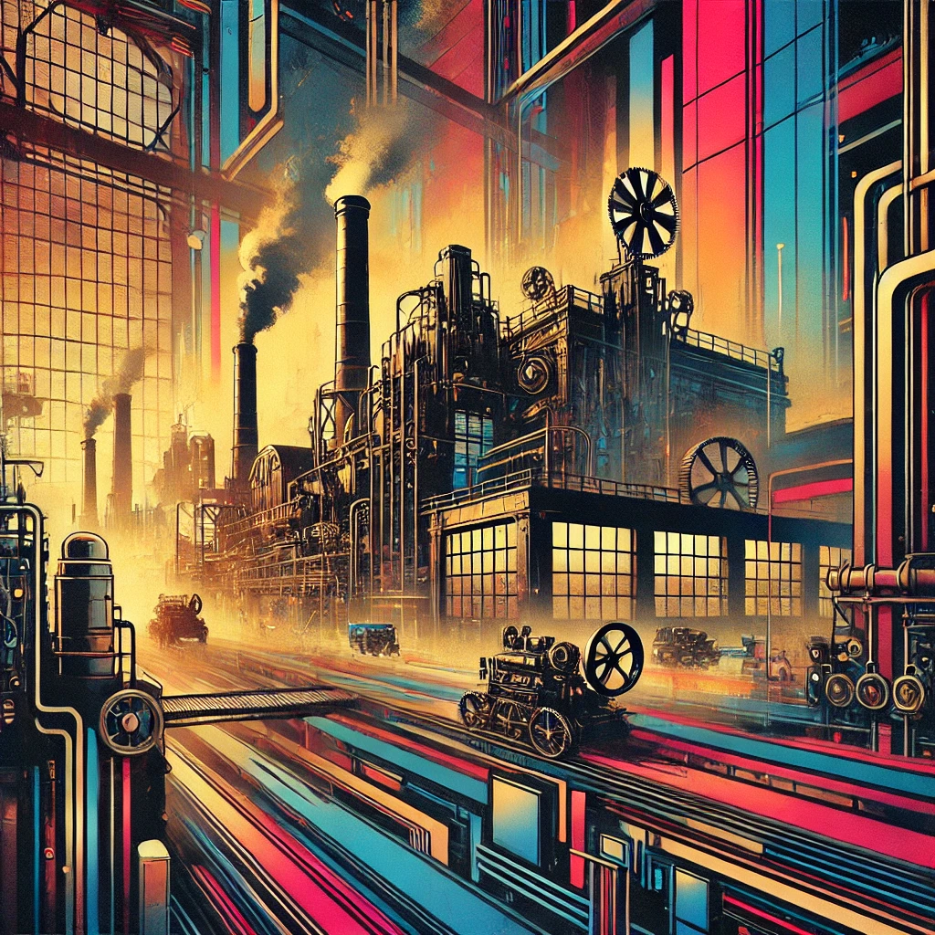 A cyberpunk and vintage-styled factory scene with a steam machine, bold colors, and an abstract explosion in the background.