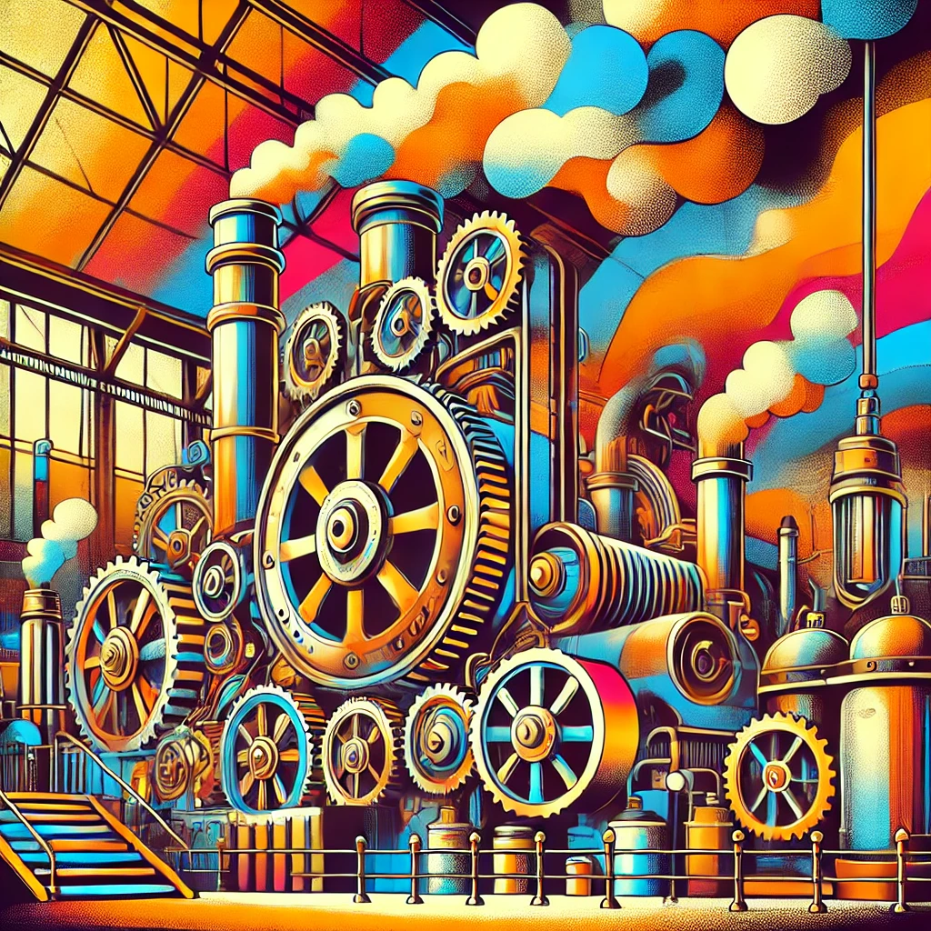 A vibrant, steampunk-style factory with a large steam machine in the middle, surrounded by intricate gears and pipes emitting steam.