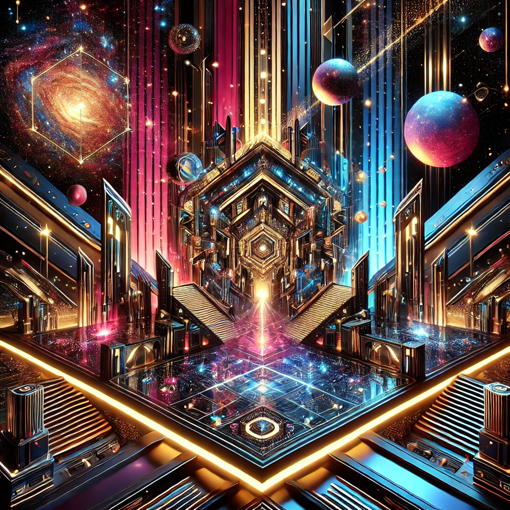 Cyberpunk-themed abstract representation of a space environment with vibrant and bold colors, reflecting opulence in design.