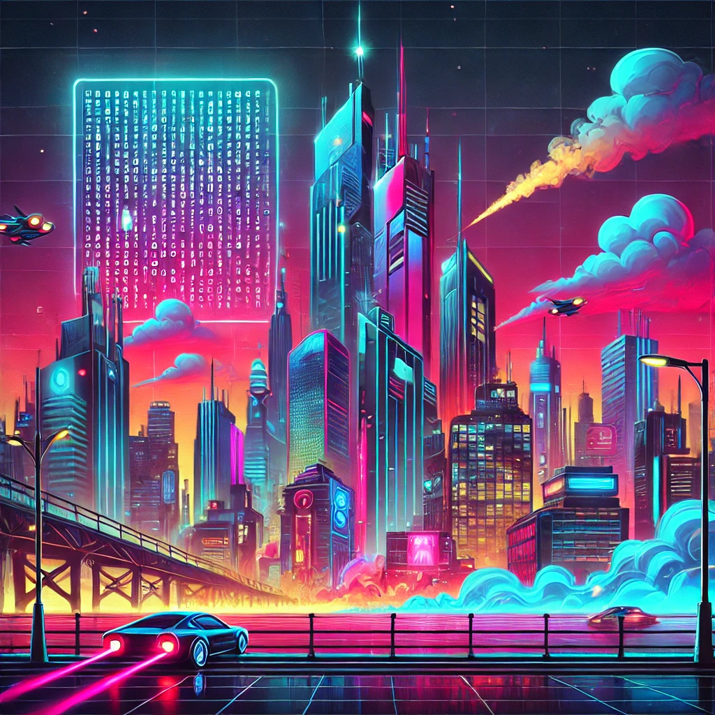 "Cyberpunk-themed futuristic city at night with neon lights, skyscrapers, flying cars, and a steam machine emitting clouds."