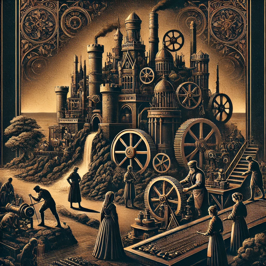 Opulent medieval kingdom scene with people working seriously, set on a dark-colored paradise island, featuring a vintage steam machine.