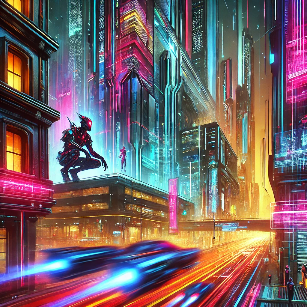 A futuristic cyberpunk cityscape with neon-lit buildings and robotic figures, emphasizing bold technology and modern life