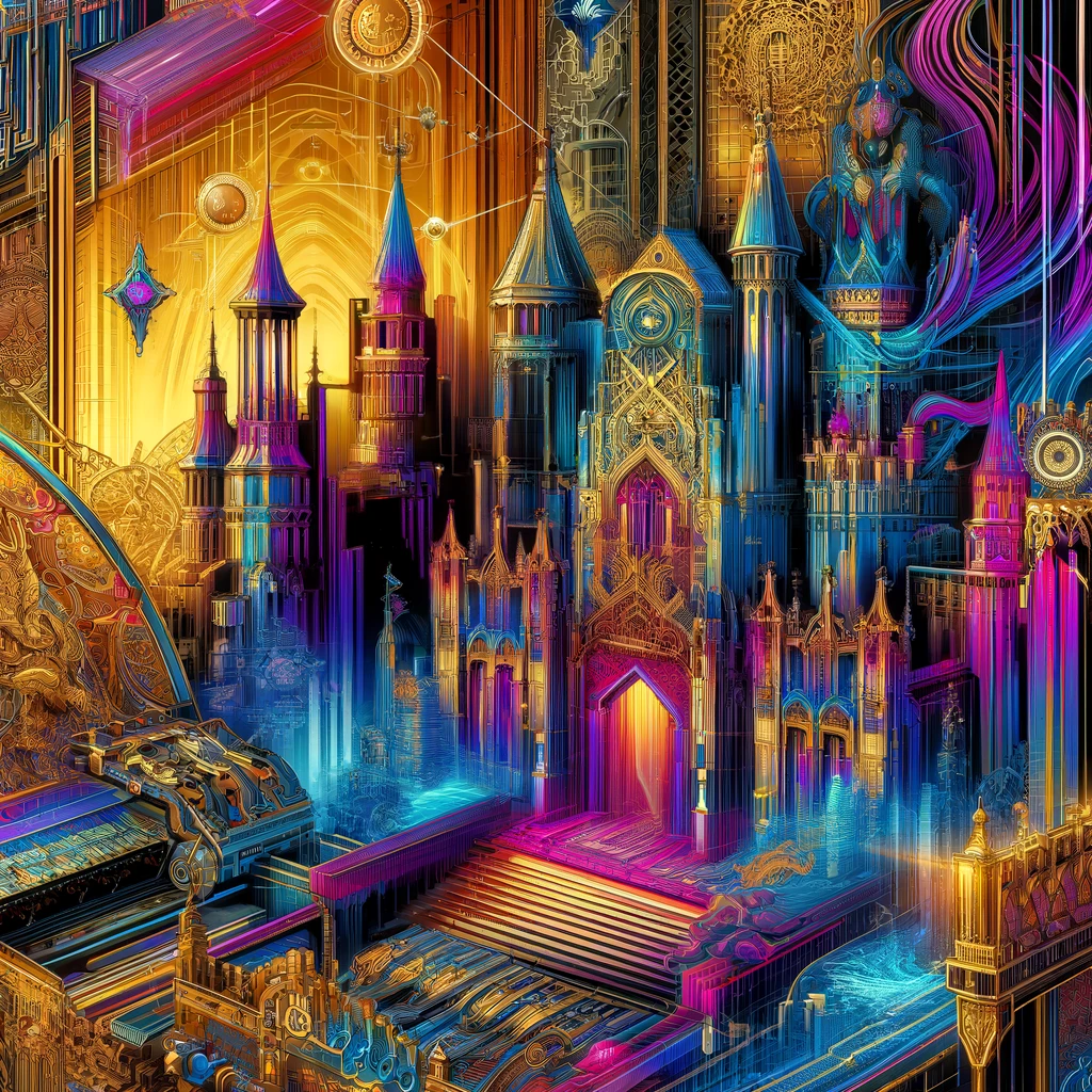 A vibrant and abstract combination of a medieval kingdom scene with a touch of cyberpunk elements, showcasing lavish opulence and bold colors.