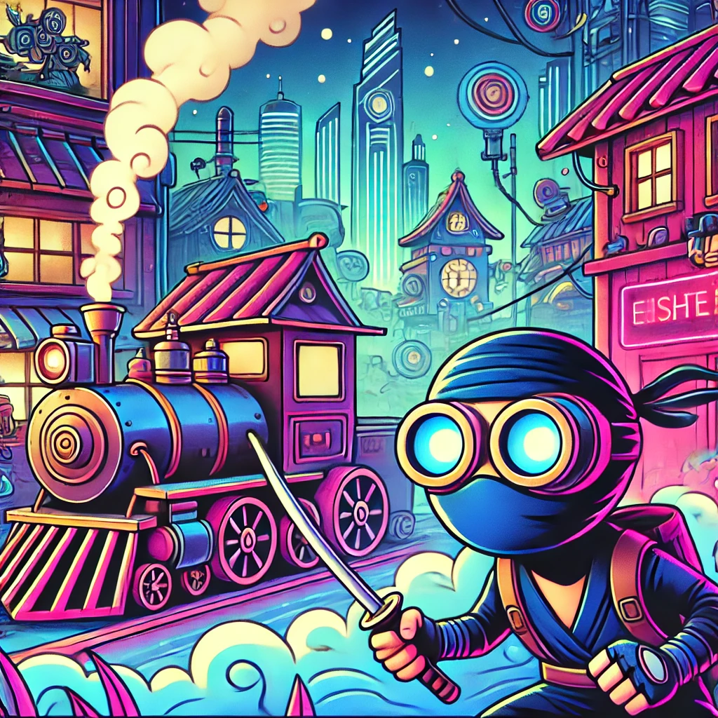 Cyberpunk-themed cartoon featuring a ninja with neon lights in the background and a steam machine in a futuristic city skyline.