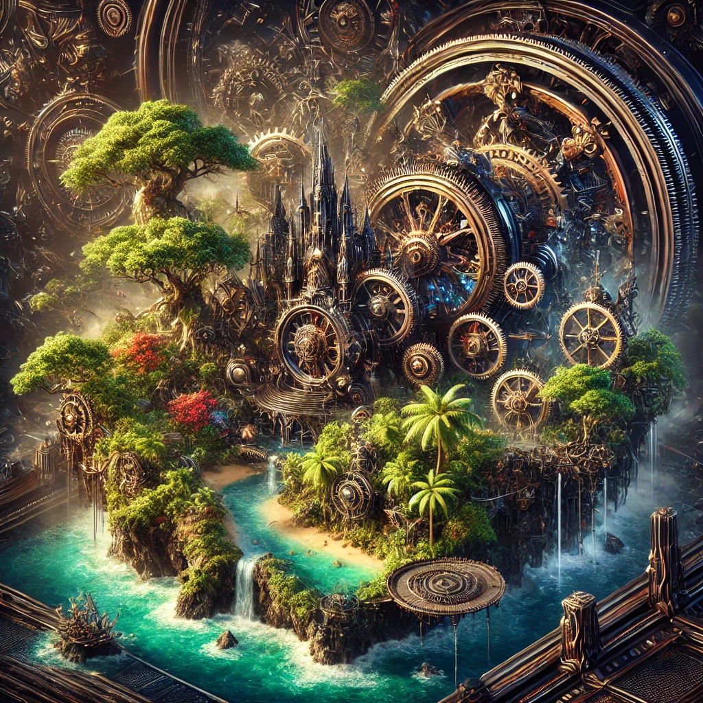 Steampunk paradise island with luxurious elements and opulent design showcasing a blend of mechanical gears and vibrant greenery.