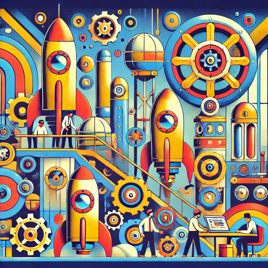 Steampunk factory scene with cartoon characters working seriously and a whimsical rocket in the background.