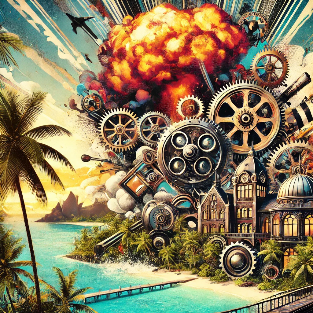 A steampunk-inspired lavish scene on a paradise island, with an abstract mix of vintage elements and a colorful explosion in the background.