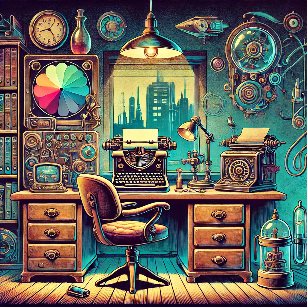 Vintage cyberpunk-inspired office desk in a home office, with an antique typewriter, futuristic device, and steam machine.