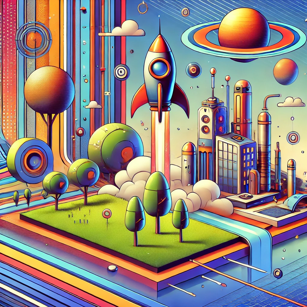 Abstract cyberpunk-steampunk blend with futuristic factory, cartoon rocket, and whimsical explosion.