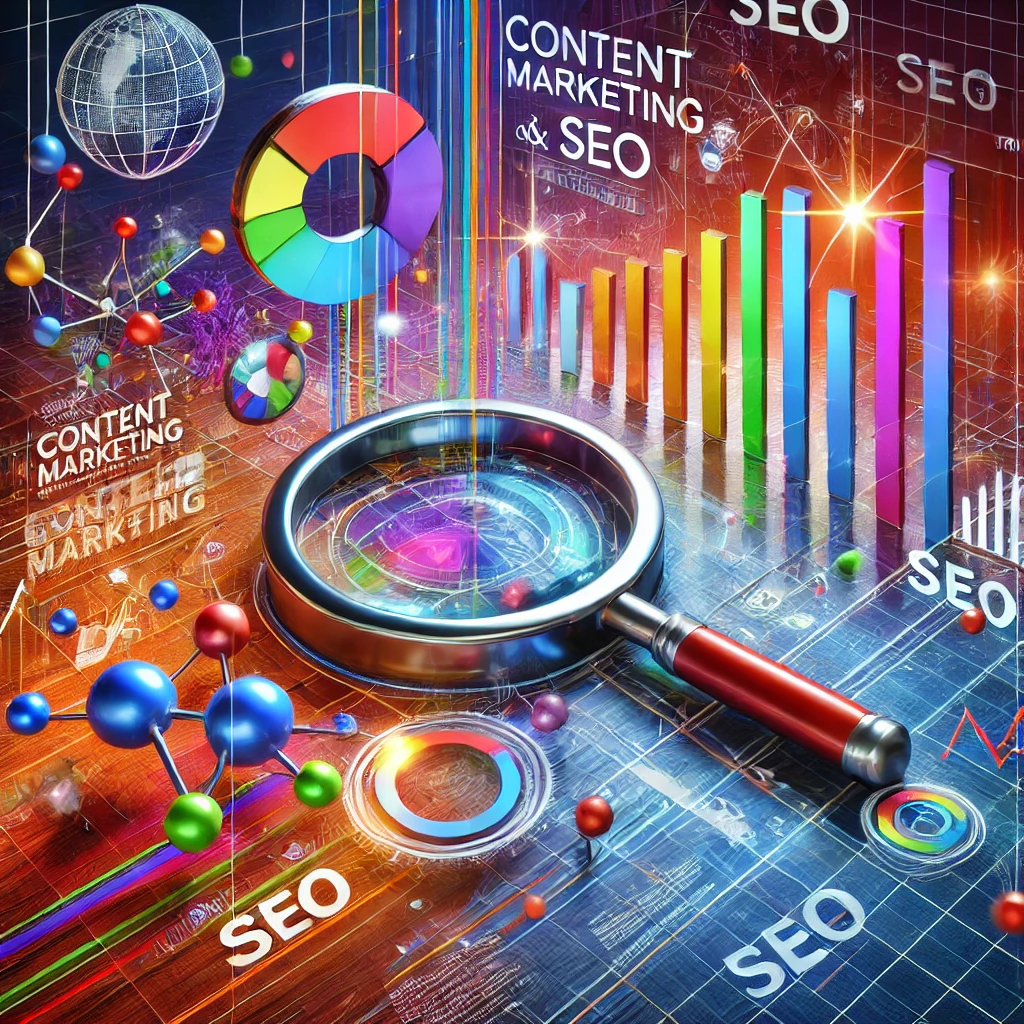 A vibrant abstract representation of SEO and content marketing, featuring digital elements like web traffic, rankings, and content creation, symbolized by interconnected websites and a magnifying glass.